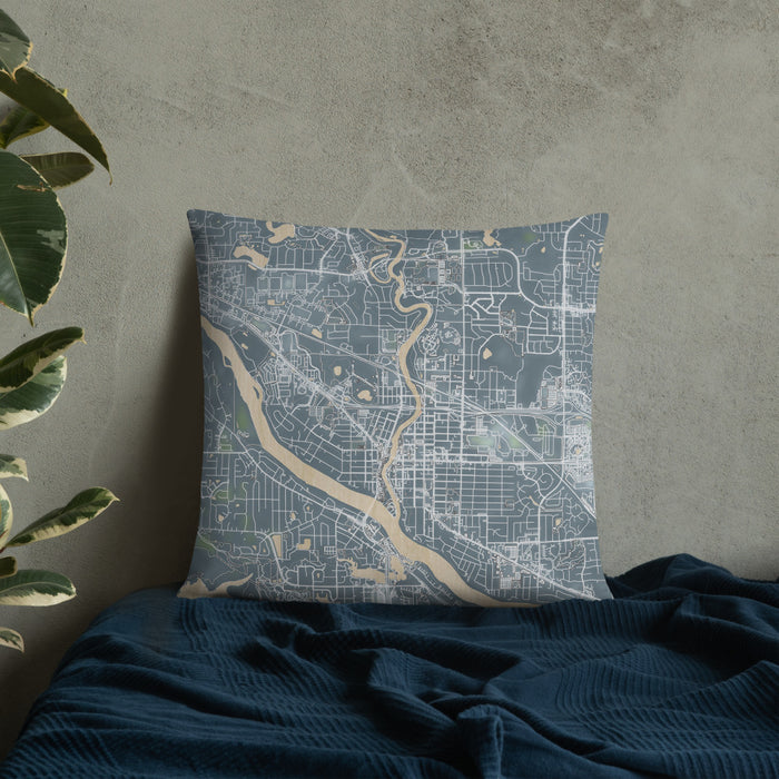 Custom Anoka Minnesota Map Throw Pillow in Afternoon on Bedding Against Wall