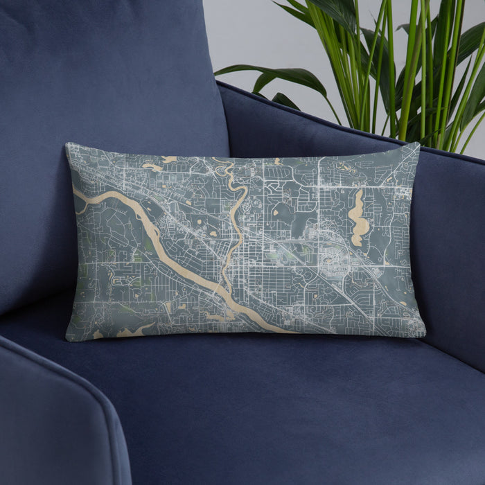 Custom Anoka Minnesota Map Throw Pillow in Afternoon on Blue Colored Chair