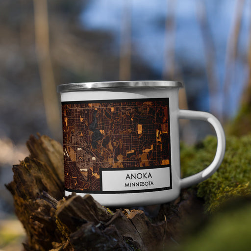 Right View Custom Anoka Minnesota Map Enamel Mug in Ember on Grass With Trees in Background