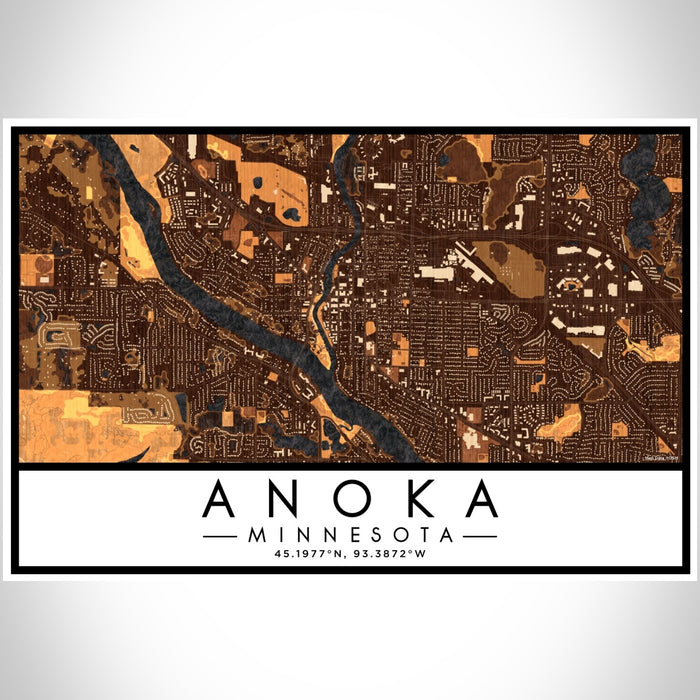 Anoka Minnesota Map Print Landscape Orientation in Ember Style With Shaded Background