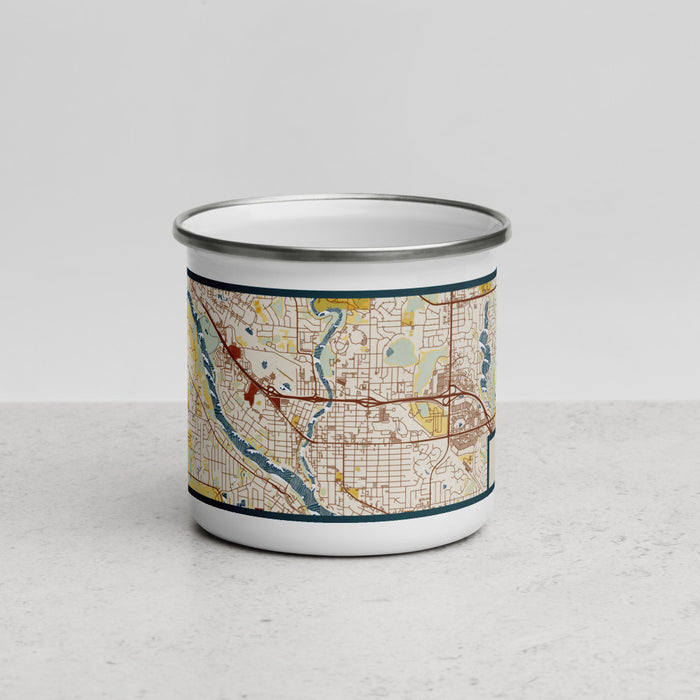 Front View Custom Anoka Minnesota Map Enamel Mug in Woodblock