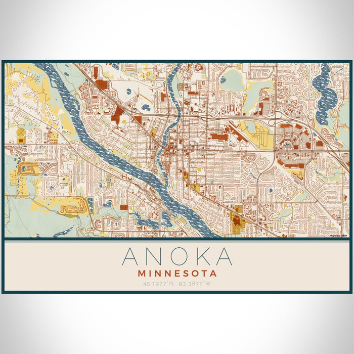 Anoka Minnesota Map Print Landscape Orientation in Woodblock Style With Shaded Background