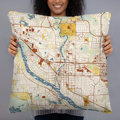 Person holding 22x22 Custom Anoka Minnesota Map Throw Pillow in Woodblock