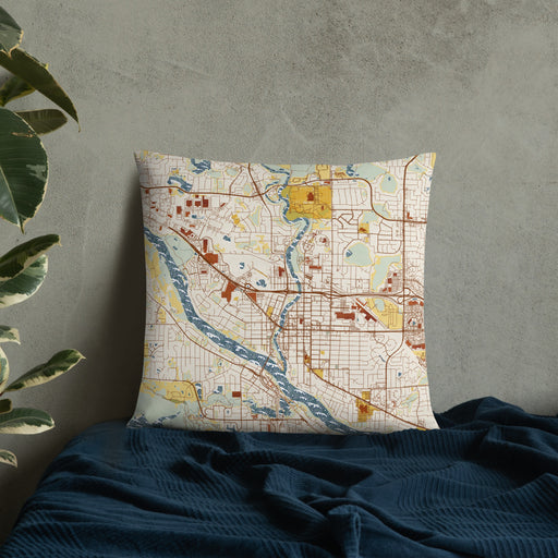 Custom Anoka Minnesota Map Throw Pillow in Woodblock on Bedding Against Wall