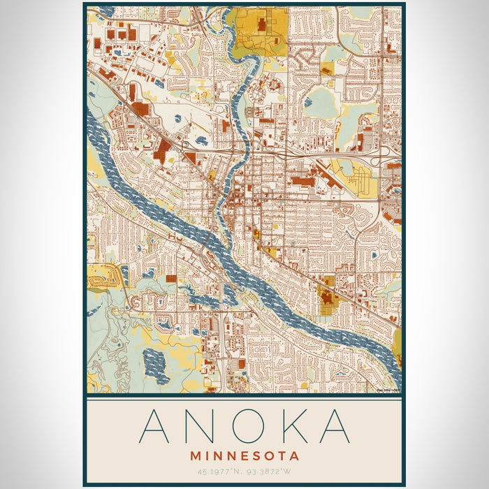 Anoka Minnesota Map Print Portrait Orientation in Woodblock Style With Shaded Background
