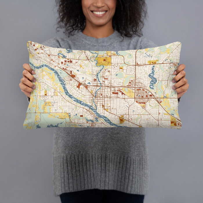 Person holding 20x12 Custom Anoka Minnesota Map Throw Pillow in Woodblock