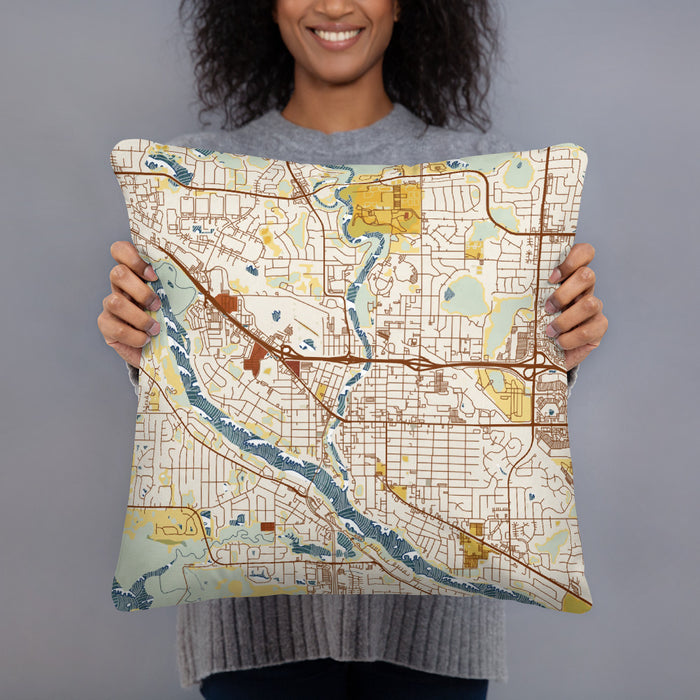 Person holding 18x18 Custom Anoka Minnesota Map Throw Pillow in Woodblock