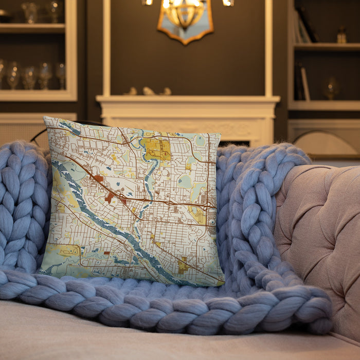 Custom Anoka Minnesota Map Throw Pillow in Woodblock on Cream Colored Couch