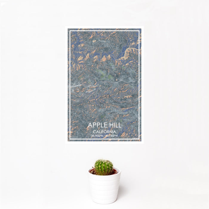 12x18 Apple Hill California Map Print Portrait Orientation in Afternoon Style With Small Cactus Plant in White Planter