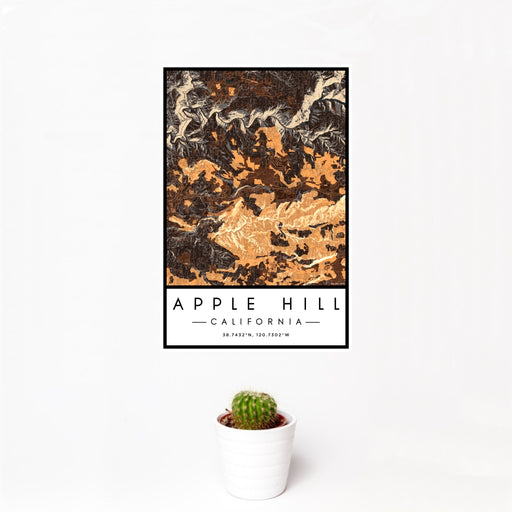12x18 Apple Hill California Map Print Portrait Orientation in Ember Style With Small Cactus Plant in White Planter