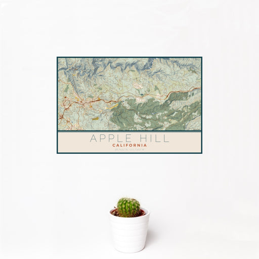 12x18 Apple Hill California Map Print Landscape Orientation in Woodblock Style With Small Cactus Plant in White Planter