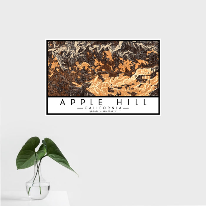 16x24 Apple Hill California Map Print Landscape Orientation in Ember Style With Tropical Plant Leaves in Water