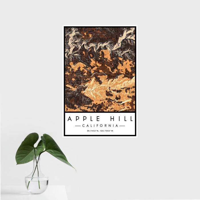 16x24 Apple Hill California Map Print Portrait Orientation in Ember Style With Tropical Plant Leaves in Water