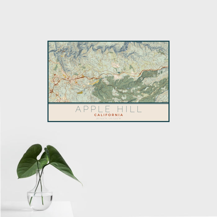16x24 Apple Hill California Map Print Landscape Orientation in Woodblock Style With Tropical Plant Leaves in Water