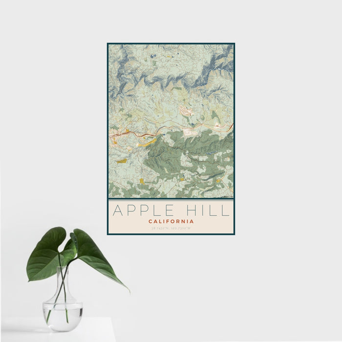 16x24 Apple Hill California Map Print Portrait Orientation in Woodblock Style With Tropical Plant Leaves in Water