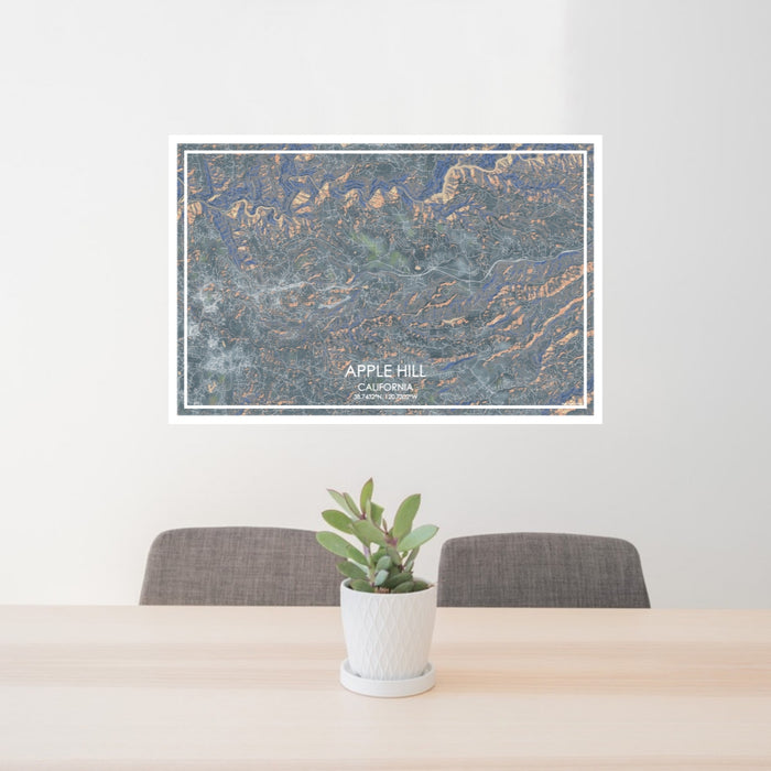 24x36 Apple Hill California Map Print Lanscape Orientation in Afternoon Style Behind 2 Chairs Table and Potted Plant