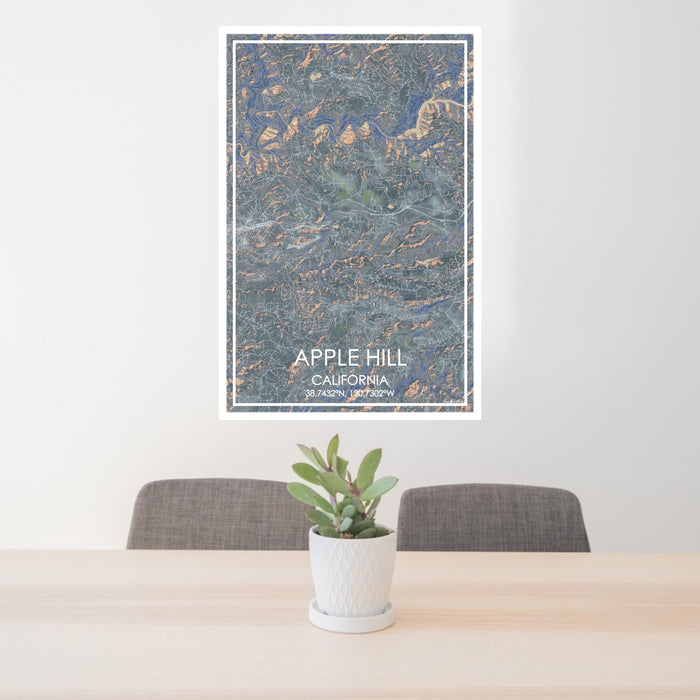 24x36 Apple Hill California Map Print Portrait Orientation in Afternoon Style Behind 2 Chairs Table and Potted Plant