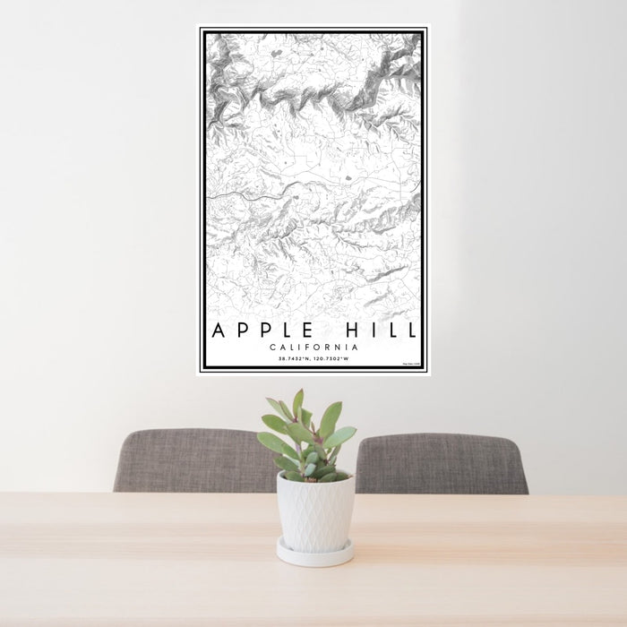 24x36 Apple Hill California Map Print Portrait Orientation in Classic Style Behind 2 Chairs Table and Potted Plant