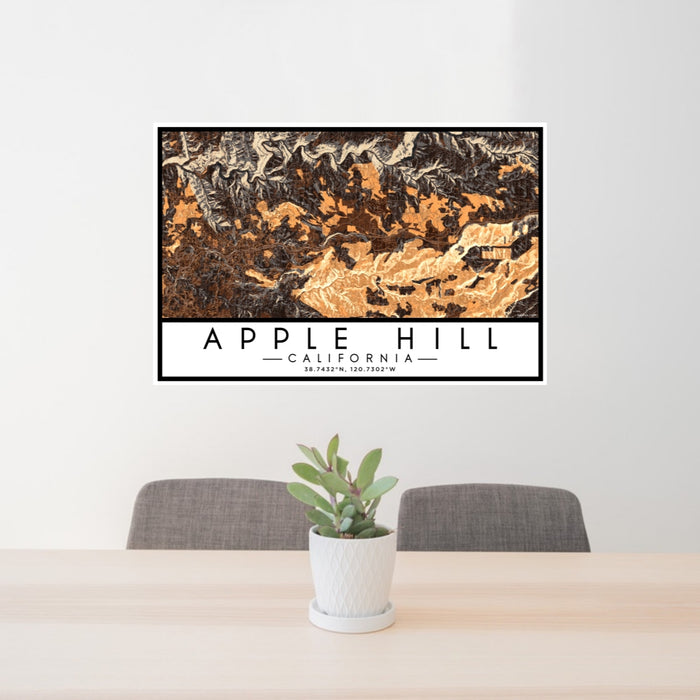 24x36 Apple Hill California Map Print Lanscape Orientation in Ember Style Behind 2 Chairs Table and Potted Plant