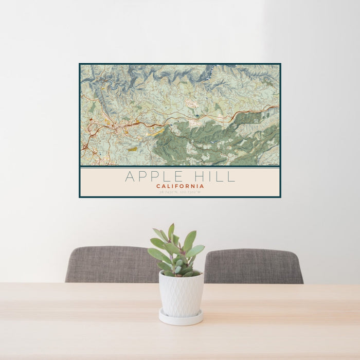 24x36 Apple Hill California Map Print Lanscape Orientation in Woodblock Style Behind 2 Chairs Table and Potted Plant