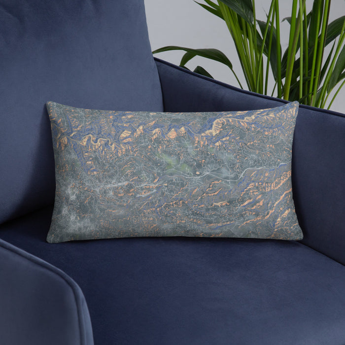 Custom Apple Hill California Map Throw Pillow in Afternoon on Blue Colored Chair