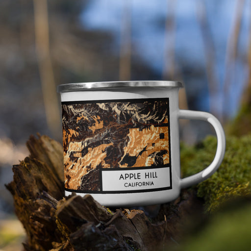 Right View Custom Apple Hill California Map Enamel Mug in Ember on Grass With Trees in Background