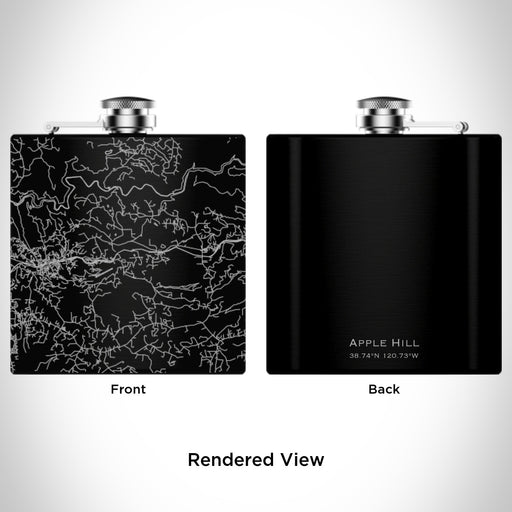 Rendered View of Apple Hill California Map Engraving on 6oz Stainless Steel Flask in Black