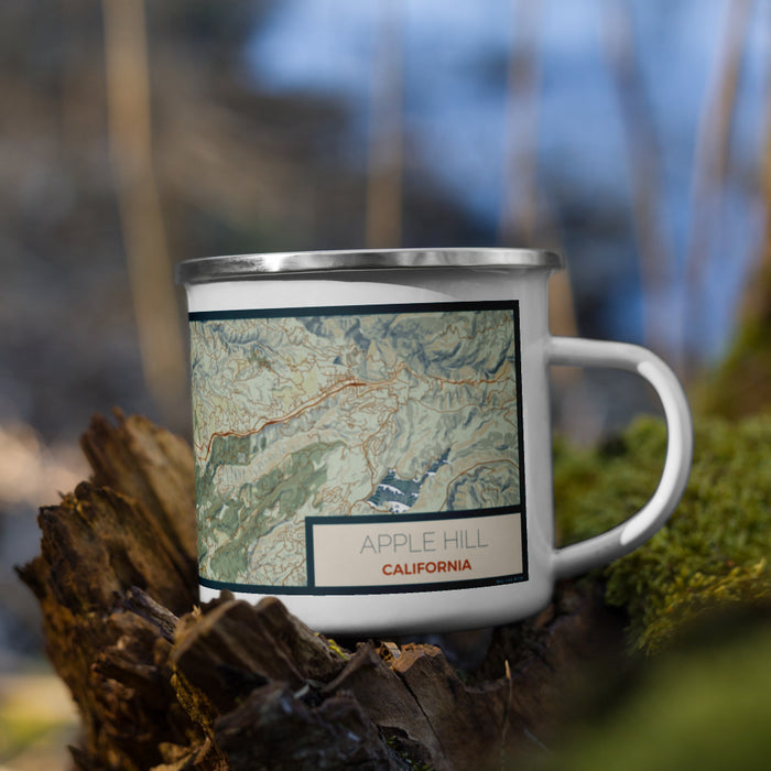 Right View Custom Apple Hill California Map Enamel Mug in Woodblock on Grass With Trees in Background