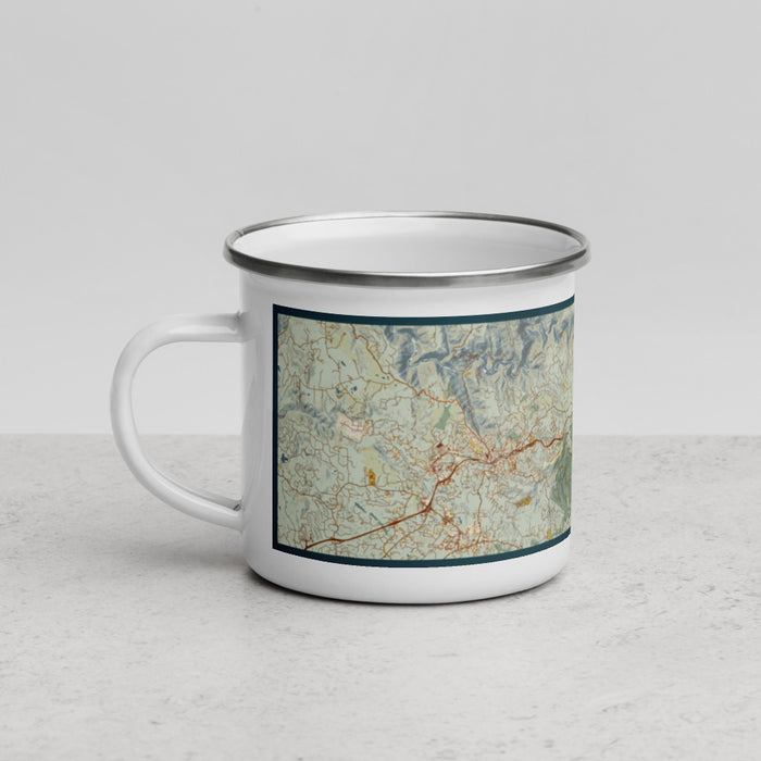 Left View Custom Apple Hill California Map Enamel Mug in Woodblock