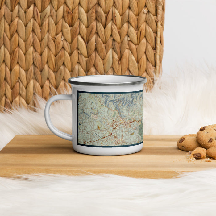 Left View Custom Apple Hill California Map Enamel Mug in Woodblock on Table Top