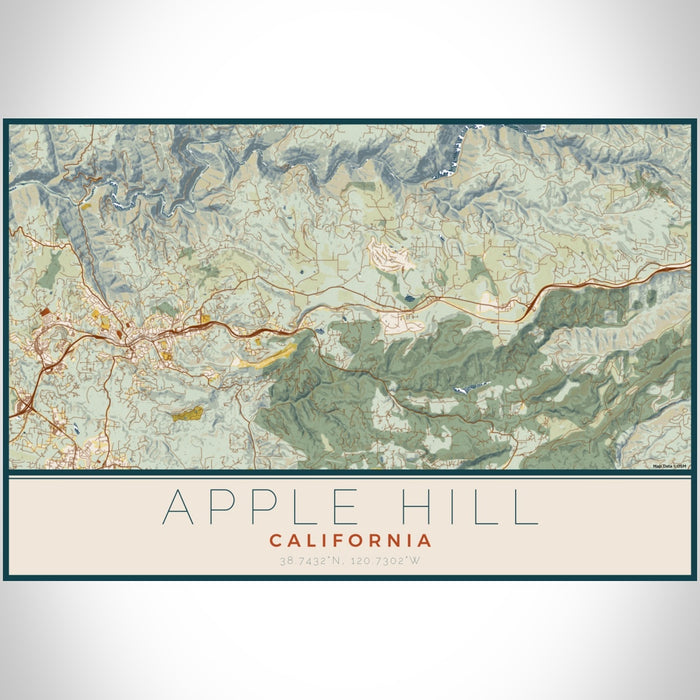 Apple Hill California Map Print Landscape Orientation in Woodblock Style With Shaded Background