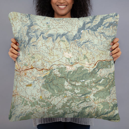 Person holding 22x22 Custom Apple Hill California Map Throw Pillow in Woodblock