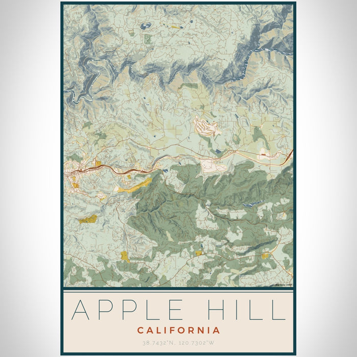 Apple Hill California Map Print Portrait Orientation in Woodblock Style With Shaded Background