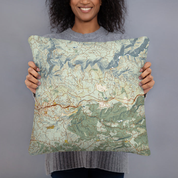 Person holding 18x18 Custom Apple Hill California Map Throw Pillow in Woodblock