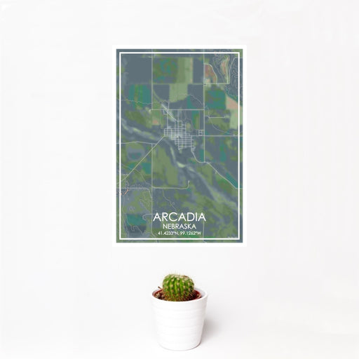 12x18 Arcadia Nebraska Map Print Portrait Orientation in Afternoon Style With Small Cactus Plant in White Planter