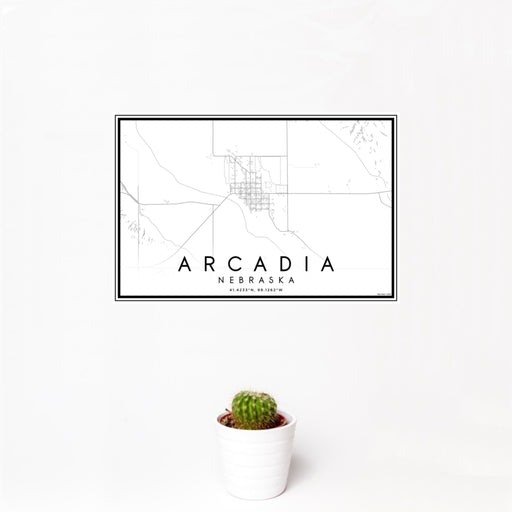 12x18 Arcadia Nebraska Map Print Landscape Orientation in Classic Style With Small Cactus Plant in White Planter