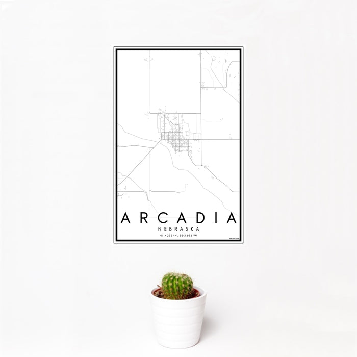12x18 Arcadia Nebraska Map Print Portrait Orientation in Classic Style With Small Cactus Plant in White Planter