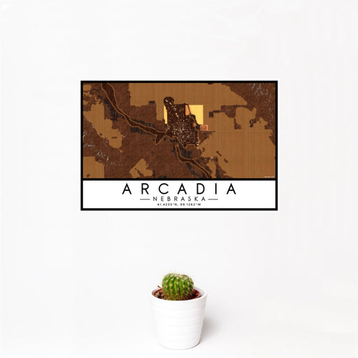 12x18 Arcadia Nebraska Map Print Landscape Orientation in Ember Style With Small Cactus Plant in White Planter