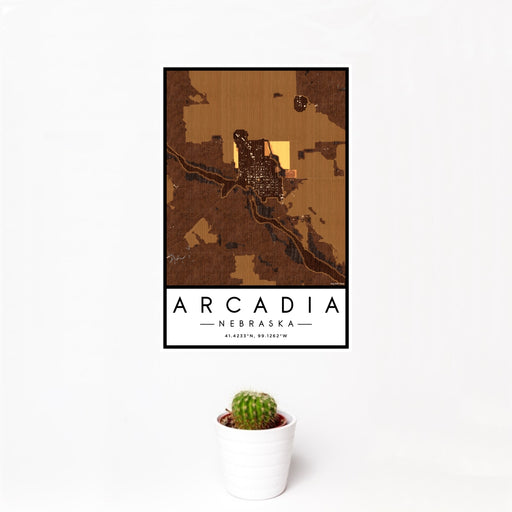 12x18 Arcadia Nebraska Map Print Portrait Orientation in Ember Style With Small Cactus Plant in White Planter