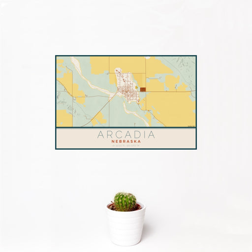 12x18 Arcadia Nebraska Map Print Landscape Orientation in Woodblock Style With Small Cactus Plant in White Planter
