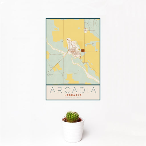 12x18 Arcadia Nebraska Map Print Portrait Orientation in Woodblock Style With Small Cactus Plant in White Planter