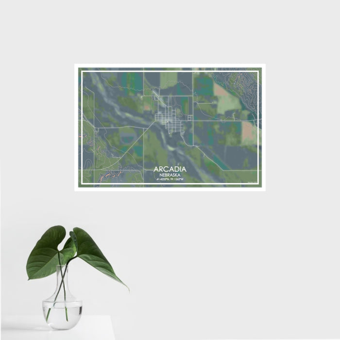 16x24 Arcadia Nebraska Map Print Landscape Orientation in Afternoon Style With Tropical Plant Leaves in Water