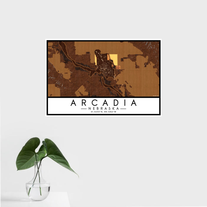 16x24 Arcadia Nebraska Map Print Landscape Orientation in Ember Style With Tropical Plant Leaves in Water