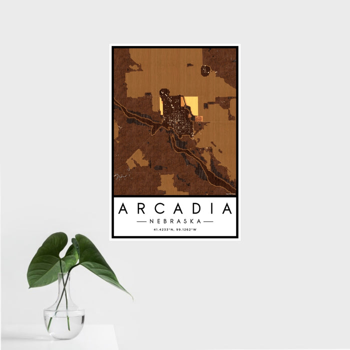16x24 Arcadia Nebraska Map Print Portrait Orientation in Ember Style With Tropical Plant Leaves in Water