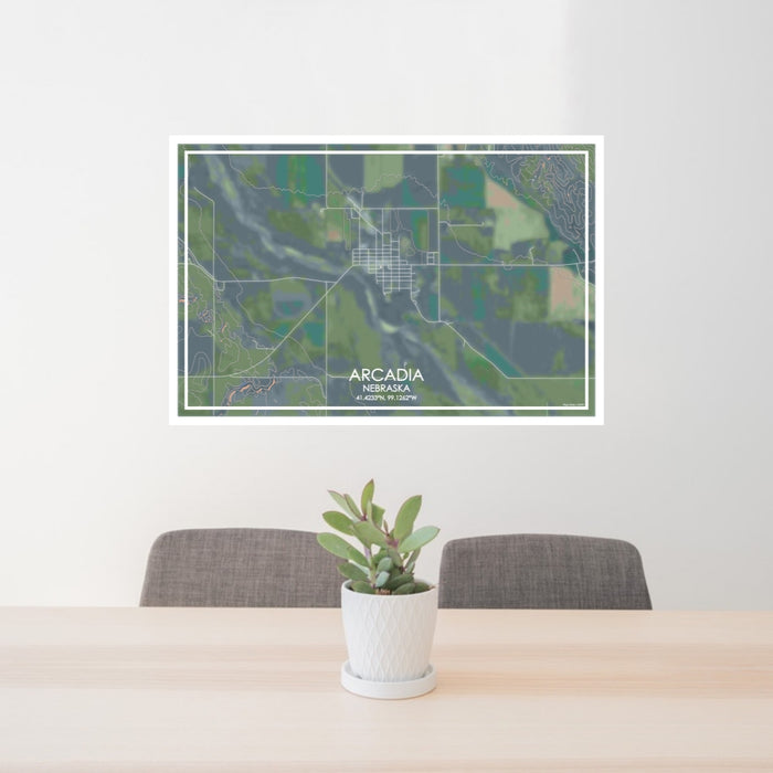 24x36 Arcadia Nebraska Map Print Lanscape Orientation in Afternoon Style Behind 2 Chairs Table and Potted Plant