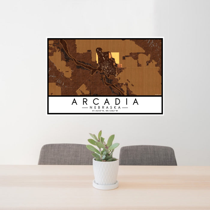 24x36 Arcadia Nebraska Map Print Lanscape Orientation in Ember Style Behind 2 Chairs Table and Potted Plant