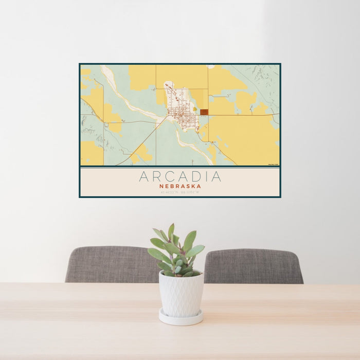 24x36 Arcadia Nebraska Map Print Lanscape Orientation in Woodblock Style Behind 2 Chairs Table and Potted Plant
