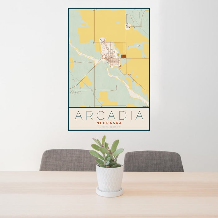 24x36 Arcadia Nebraska Map Print Portrait Orientation in Woodblock Style Behind 2 Chairs Table and Potted Plant