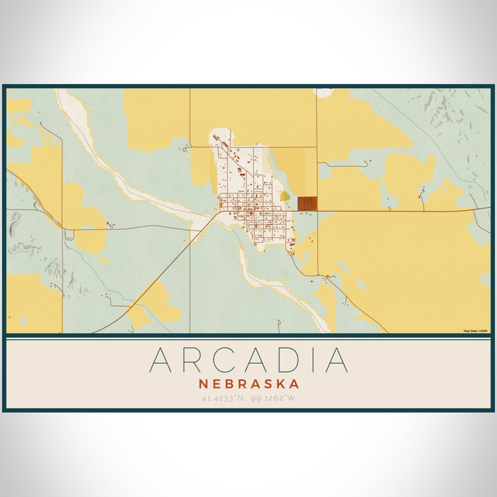 Arcadia Nebraska Map Print Landscape Orientation in Woodblock Style With Shaded Background