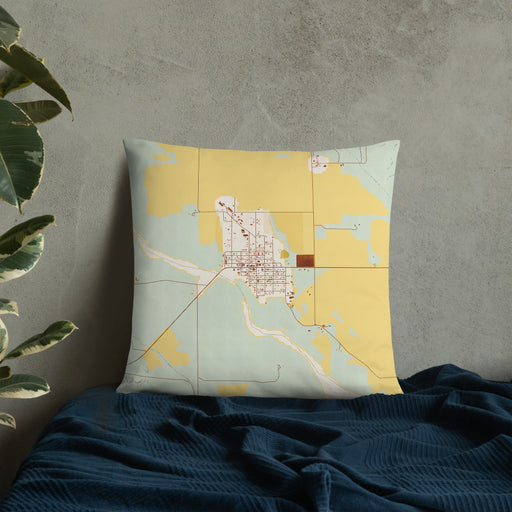 Custom Arcadia Nebraska Map Throw Pillow in Woodblock on Bedding Against Wall